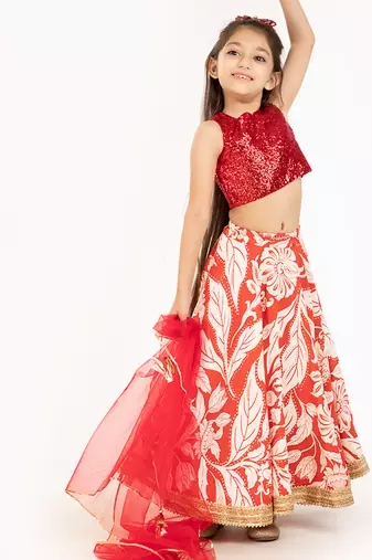 Green sequinned & embroidered linen lehenga choli & kurta pant brother sister matching combo