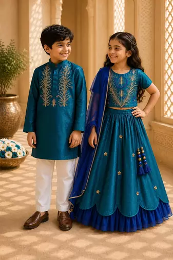 Teal blue & teal green embroidered cotton lehenga choli & kurta pant brother sister matching combo