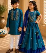 Teal blue & teal green embroidered cotton lehenga choli & kurta pant brother sister matching combo