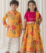 Yellow printed chanderi silk & cotton lehenga choli & kurta pant brother sister matching combo