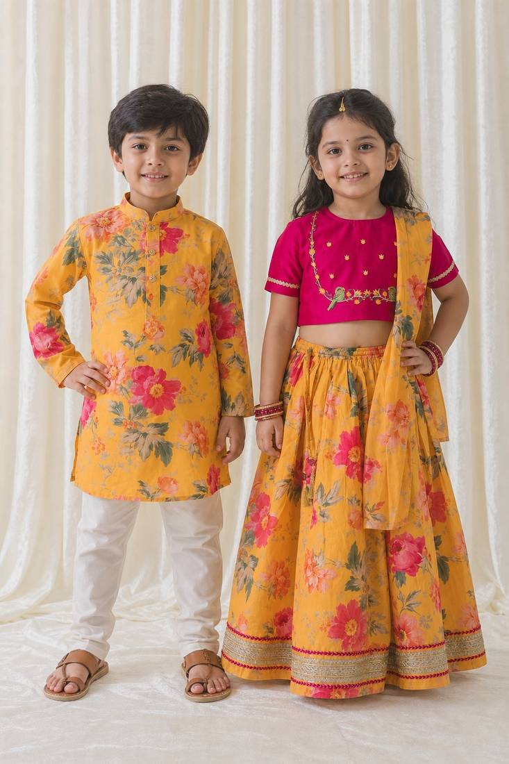 Yellow printed chanderi silk & cotton lehenga choli & kurta pant brother sister matching combo