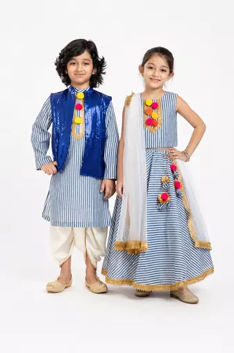 Ivory embroidered & sequinned cotton lehenga choli & dhoti kurta brother sister matching combo