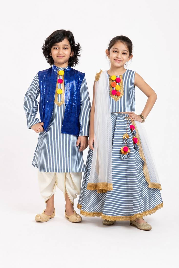 Ivory embroidered & sequinned cotton lehenga choli & dhoti kurta brother sister matching combo