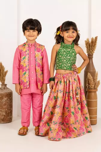 Green & pink printed brocade & raw silk lehenga choli & kurta jacket brother sister matching combo
