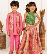 Green & pink printed brocade & raw silk lehenga choli & kurta jacket brother sister matching combo
