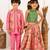 Green & pink printed brocade & raw silk lehenga choli & kurta jacket brother sister matching combo