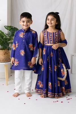 Purple printed cotton lehenga choli & kurta pant brother sister matching combo 1