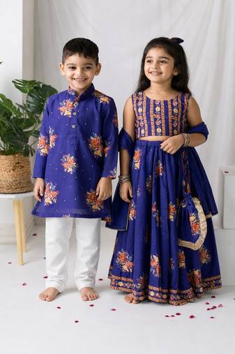 Purple printed cotton lehenga choli & kurta pant brother sister matching combo