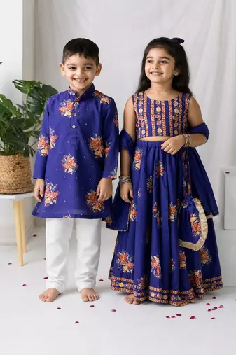 Purple printed cotton lehenga choli & kurta pant brother sister matching combo