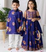 Purple printed cotton lehenga choli & kurta pant brother sister matching combo