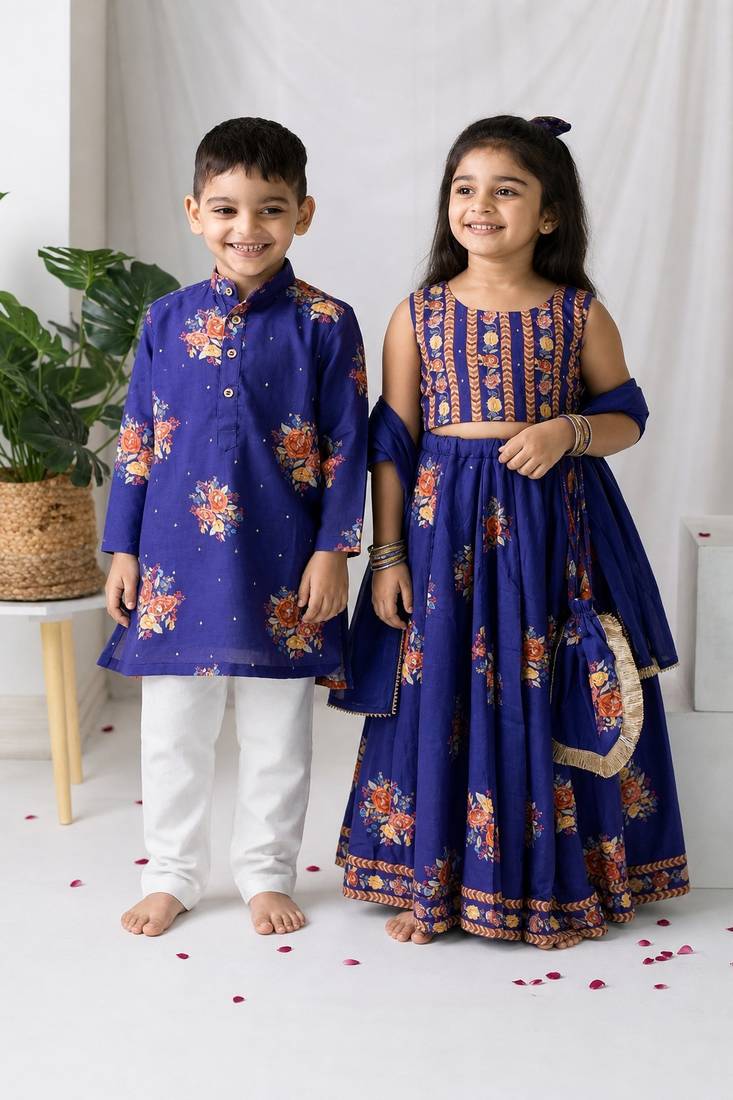 Purple printed cotton lehenga choli & kurta pant brother sister matching combo