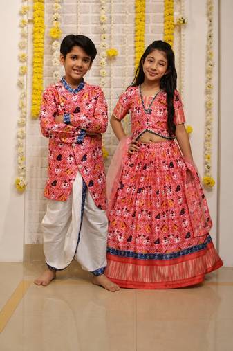 Red gota embroidered satin lehenga choli & dhoti kurta brother sister matching combo
