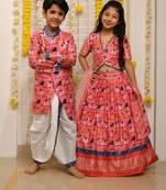 Red gota embroidered satin lehenga choli & dhoti kurta brother sister matching combo