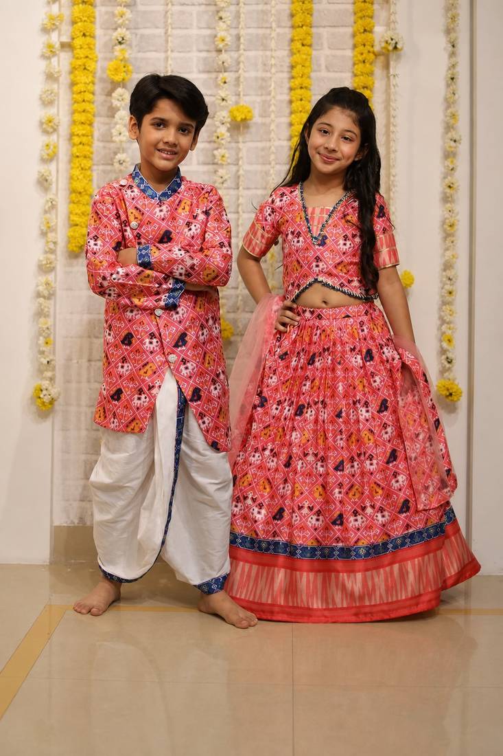 Red gota embroidered satin lehenga choli & dhoti kurta brother sister matching combo