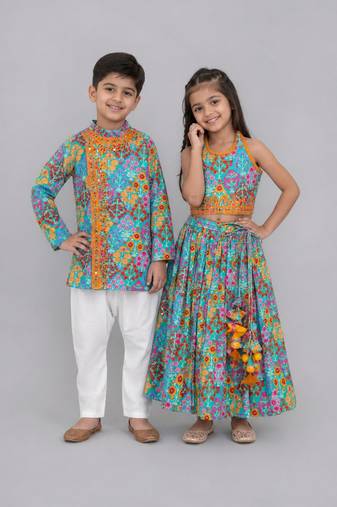 Blue embroidered cotton silk lehenga choli & kurta pyjama brother sister matching combo