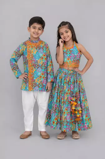 Blue embroidered cotton silk lehenga choli & kurta pyjama brother sister matching combo