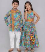 Blue embroidered cotton silk lehenga choli & kurta pyjama brother sister matching combo