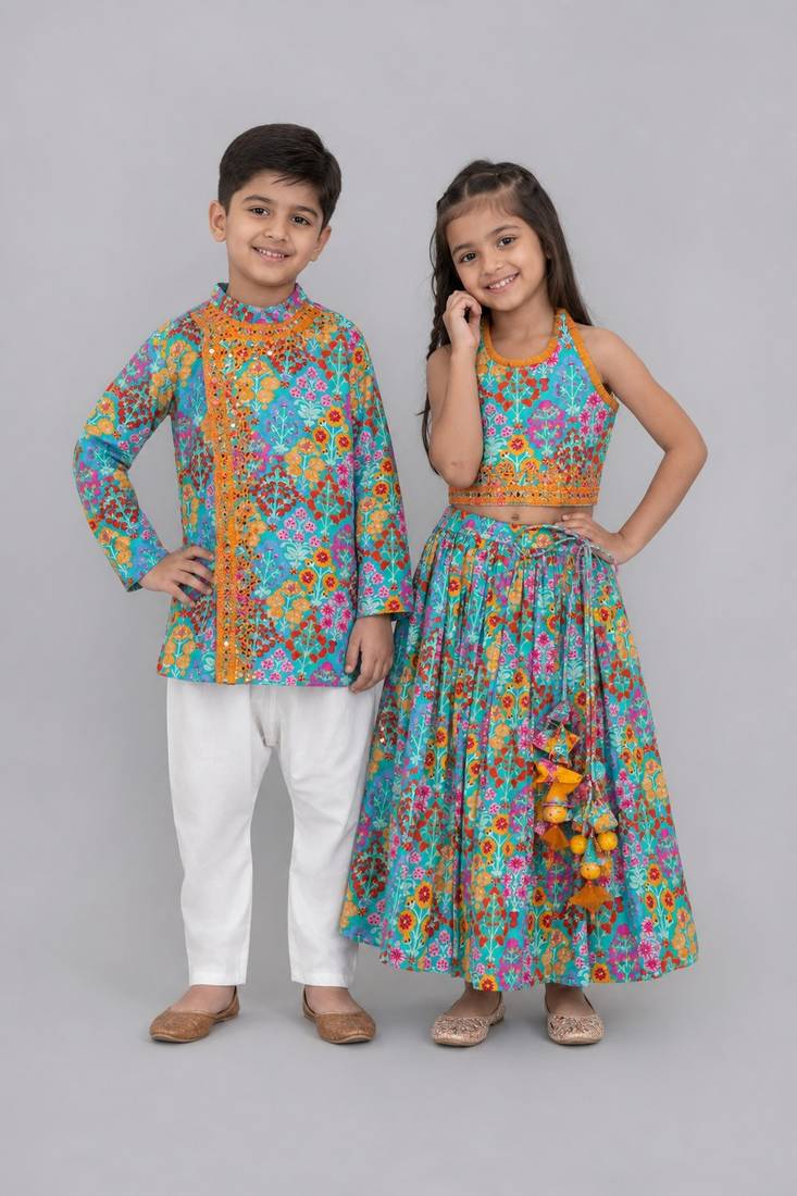 Blue embroidered cotton silk lehenga choli & kurta pyjama brother sister matching combo