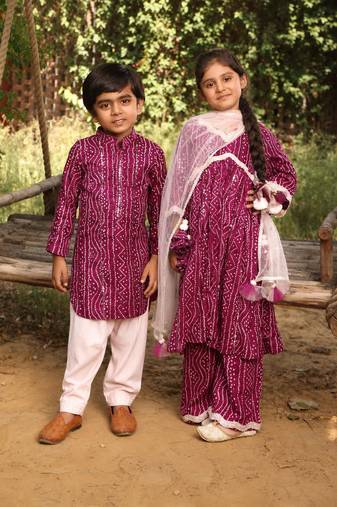 Purple bandhani cotton kurta set & kurta pant brother sister matching combo