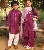 Purple bandhani cotton kurta set & kurta pant brother sister matching combo