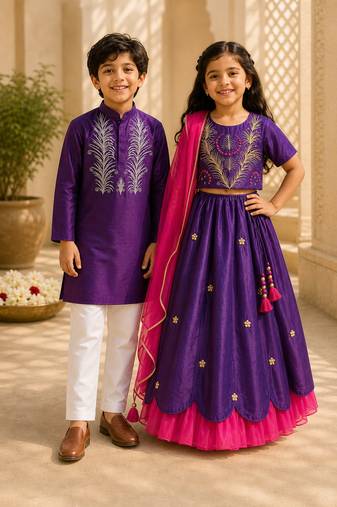 Purple embroidered cotton lehenga choli & kurta pant brother sister matching combo