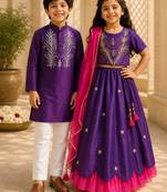 Purple embroidered cotton lehenga choli & kurta pant brother sister matching combo