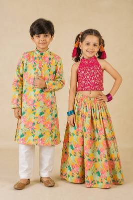 Pink & yellow printed brocade & cotton lehenga choli & kurta pyjama brother sister matching combo 1