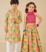 Pink & yellow printed brocade & cotton lehenga choli & kurta pyjama brother sister matching combo