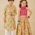 Pink & yellow printed brocade & cotton lehenga choli & kurta pyjama brother sister matching combo