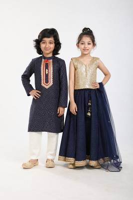 Gold & blue sequinned & embroidered linen skirt set & kurta pant brother sister matching combo 1