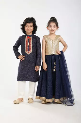 Gold & blue sequinned & embroidered linen skirt set & kurta pant brother sister matching combo