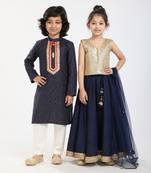 Gold & blue sequinned & embroidered linen skirt set & kurta pant brother sister matching combo