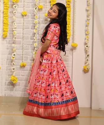 Red gota embroidered satin lehenga choli & dhoti kurta brother sister matching combo 2
