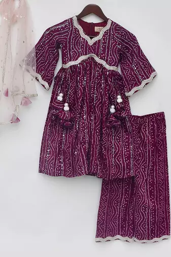 Purple bandhani cotton kurta set & kurta pant brother sister matching combo