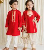 Red embroidered viscose kurta salwar set & kurta pant brother sister matching combo
