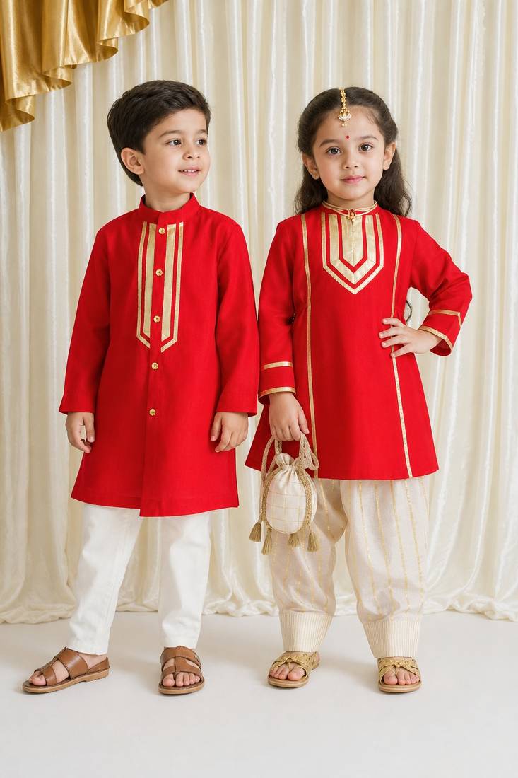 Red embroidered viscose kurta salwar set & kurta pant brother sister matching combo