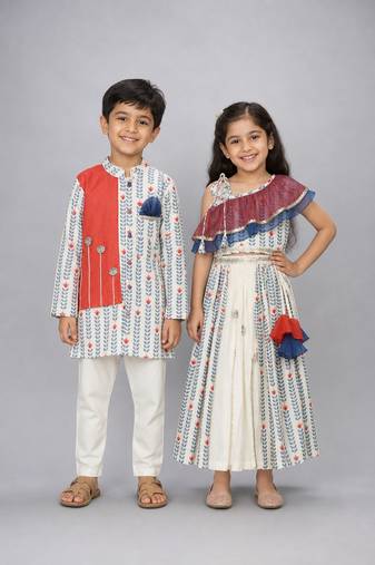 Off white & blue embroidered cotton silk lehenga choli & kurta pyjama brother sister matching combo