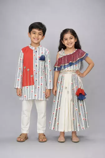 Off white & blue embroidered cotton silk lehenga choli & kurta pyjama brother sister matching combo