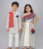 Off white & blue embroidered cotton silk lehenga choli & kurta pyjama brother sister matching combo