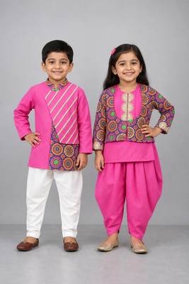 Pink & bright pink embroidered satin dhoti kurta set & kurta pant brother sister matching combo 1