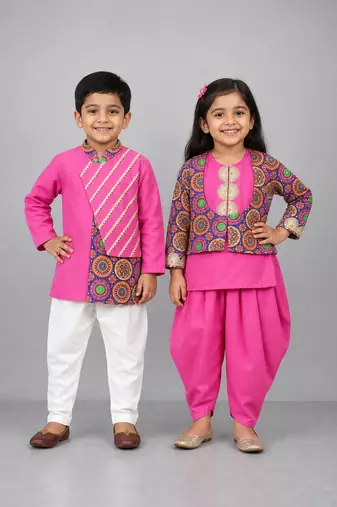 Pink & bright pink embroidered satin dhoti kurta set & kurta pant brother sister matching combo
