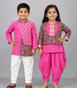 Pink & bright pink embroidered satin dhoti kurta set & kurta pant brother sister matching combo