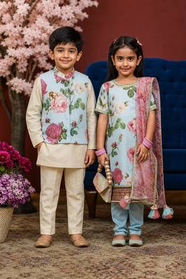 Blue printed cotton silk kurta set & kurta jacket brother sister matching combo 1