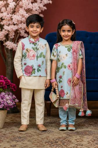 Blue printed cotton silk kurta set & kurta jacket brother sister matching combo