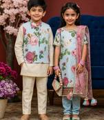 Blue printed cotton silk kurta set & kurta jacket brother sister matching combo