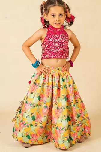 Pink & yellow printed brocade & cotton lehenga choli & kurta pyjama brother sister matching combo