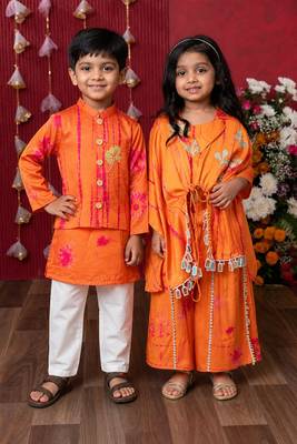 Orange embroidered satin co-ord set & kurta jacket brother sister matching combo 1