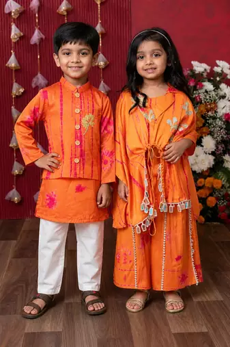 Orange embroidered satin co-ord set & kurta jacket brother sister matching combo