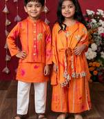 Orange embroidered satin co-ord set & kurta jacket brother sister matching combo