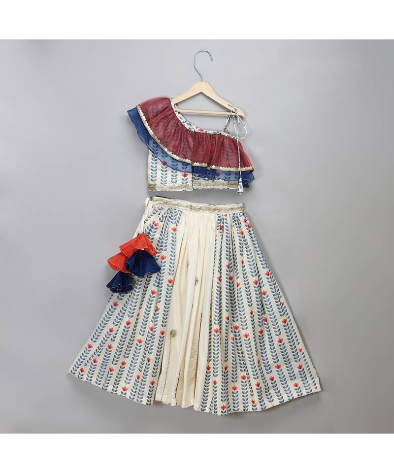 Off white & blue embroidered cotton silk lehenga choli & kurta pyjama brother sister matching combo